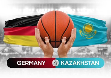 Almanya Kazakistan milli basketbol takımlarına karşı basketbol topu yarışma kupası konsepti imajı