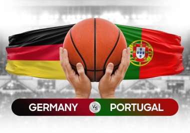 Almanya, Portekiz milli basketbol takımlarına karşı basketbol topu yarışma kupası konsepti imajı