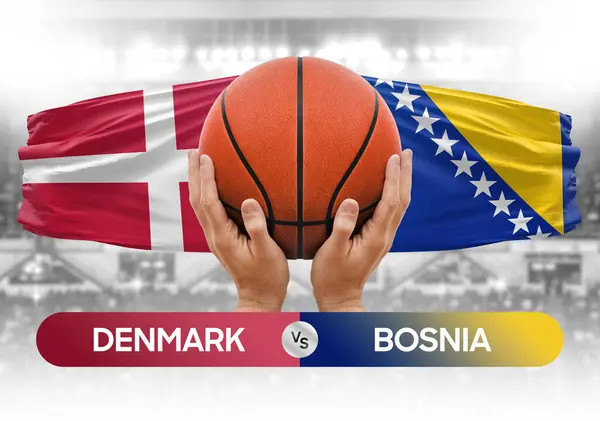 Danimarka Bosna-Hersek milli basketbol takımlarına karşı basketbol topu yarışma kupası konsepti imajı