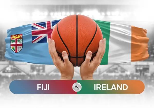 Fiji, İrlanda milli basketbol takımlarına karşı basketbol topu yarışma kupası konsepti