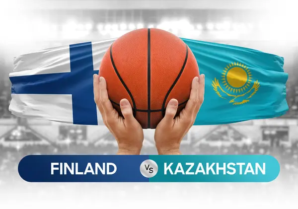 Finlandiya Kazakistan milli basketbol takımlarına karşı basketbol topu yarışma kupası konsepti