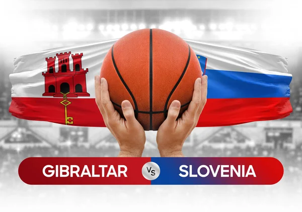 Cebelitarık Slovenya milli basketbol takımlarına karşı basketbol topu yarışma kupası konsepti