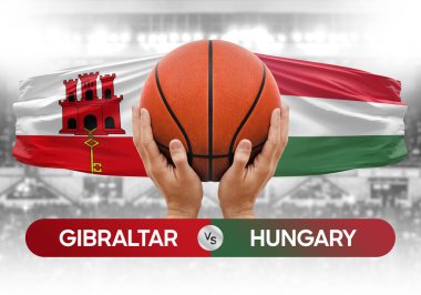 Cebelitarık Macaristan milli basketbol takımlarına karşı basketbol topu yarışma kupası konsepti imajı