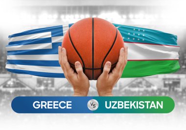 Yunanistan Özbekistan milli basketbol takımlarına karşı basketbol topu yarışma kupası konsepti imajı