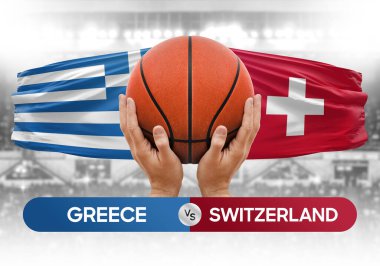 Yunanistan İsviçre milli basketbol takımlarına karşı basketbol topu yarışma kupası konsepti