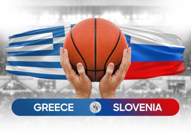 Yunanistan Slovenya milli basketbol takımlarına karşı basketbol topu yarışma kupası konsepti imajı