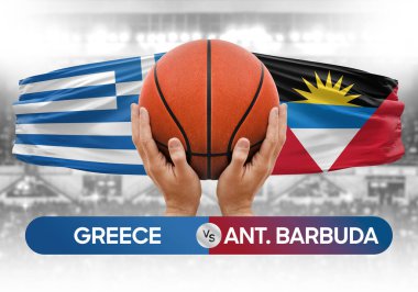 Yunanistan Antigua ve Barbuda milli basketbol takımlarına karşı basketbol topu yarışma kupası konsepti