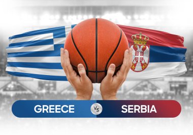 Yunanistan Sırbistan milli basketbol takımlarına karşı basketbol topu yarışma kupası konsepti imajı