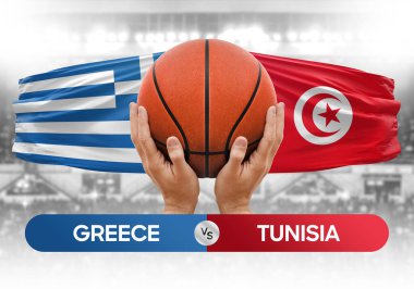 Yunanistan Tunus milli basketbol takımlarına karşı basketbol topu yarışma kupası konsepti imajı