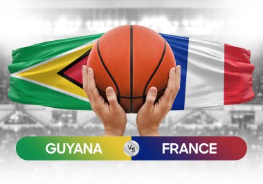 Guyana Fransa milli basketbol takımlarına karşı basketbol topu yarışma kupası konsepti imajı