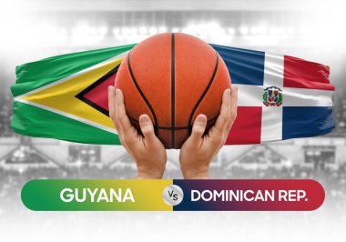 Guyana, Dominik Cumhuriyeti ulusal basketbol takımlarına karşı basketbol topu yarışma kupası konsepti imajı