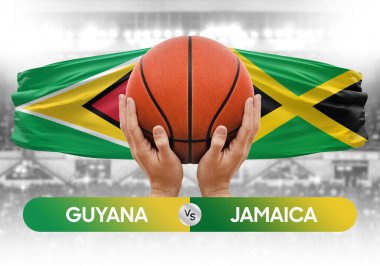 Guyana Jamaika milli basketbol takımlarına karşı basketbol topu yarışma kupası konsepti