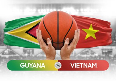 Guyana Vietnam 'a karşı milli basketbol takımları basketbol topu yarışma kupası konsepti imajı