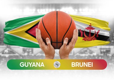 Guyana Brunei milli basketbol takımlarına karşı basketbol topu yarışma kupası konsepti