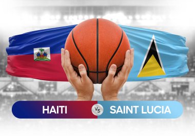 Haiti, Saint Lucia Millî Basketbol Takımı 'na karşı basketbol topu yarışma kupası konsepti