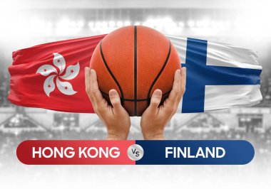 Hong Kong Finlandiya milli basketbol takımlarına karşı basketbol topu yarışma kupası konsepti