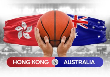 Hong Kong Avustralya milli basketbol takımlarına karşı basketbol topu yarışma kupası konsepti