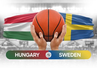 Macaristan İsveç milli basketbol takımlarına karşı basketbol topu yarışma kupası konsepti