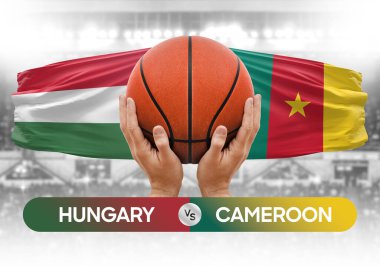 Macaristan Kamerun milli basketbol takımlarına karşı basketbol topu yarışma kupası konsepti imajı