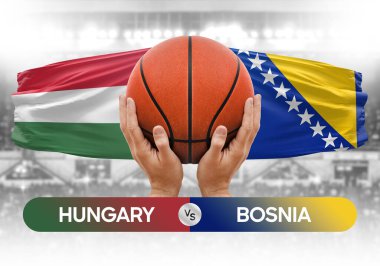 Macaristan Bosna milli basketbol takımlarına karşı basketbol topu yarışma kupası konsepti imajı