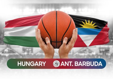 Macaristan, Antigua ve Barbuda milli basketbol takımlarına karşı basketbol topu yarışma kupası konsepti