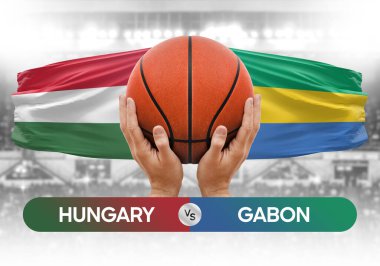 Macaristan Gabon milli basketbol takımlarına karşı basketbol topu yarışma kupası konsepti