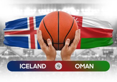 İzlanda, Umman milli basketbol takımlarına karşı basketbol topu yarışma kupası konsepti imajı