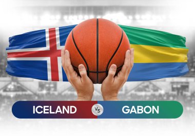 İzlanda Gabon milli basketbol takımlarına karşı basketbol topu yarışma kupası konsepti
