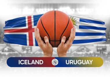 İzlanda Uruguay milli basketbol takımlarına karşı basketbol topu yarışma kupası konsepti