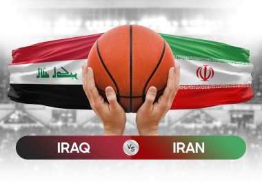 Irak, İran milli basketbol takımlarına karşı basketbol topu yarışma kupası konsepti