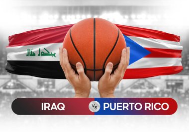 Irak, Porto Riko milli basketbol takımlarına karşı basketbol topu yarışma kupası konsepti