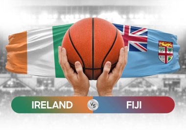 İrlanda Fiji milli basketbol takımlarına karşı basketbol topu yarışma kupası konsepti