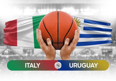 İtalya Uruguay milli basketbol takımlarına karşı basketbol topu yarışma kupası konsepti imajı