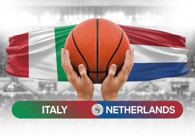 İtalya Hollanda milli basketbol takımlarına karşı basketbol topu yarışma kupası konsepti imajı