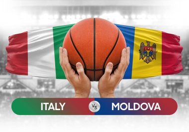 İtalya Moldova milli basketbol takımlarına karşı basketbol topu yarışma kupası konsepti imajı