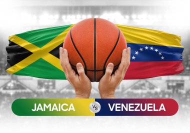 Jamaika, Venezuela 'ya karşı milli basketbol takımları basketbol maçı kupası konsepti imajı