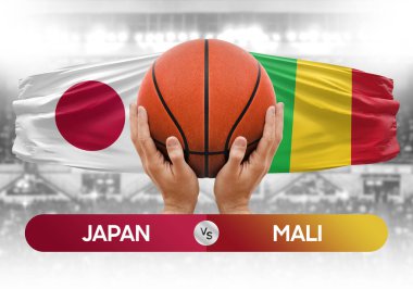 Japonya Mali milli basketbol takımlarına karşı basketbol topu yarışma kupası konsepti