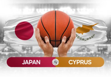 Japonya Kıbrıs Rum Kesimi milli basketbol takımlarına karşı basketbol topu yarışma kupası konsepti