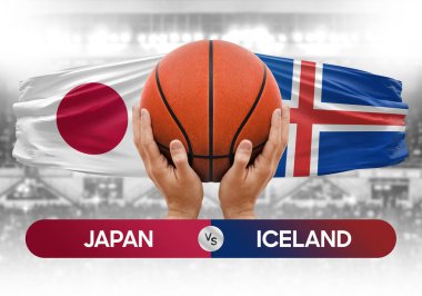 Japonya İzlanda milli basketbol takımlarına karşı basketbol topu yarışma kupası konsepti