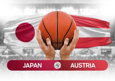 Japonya Avusturya milli basketbol takımlarına karşı basketbol topu yarışma kupası konsepti