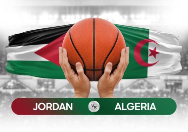 Jordan Cezayir milli basketbol takımlarına karşı basketbol topu yarışma kupası konsepti