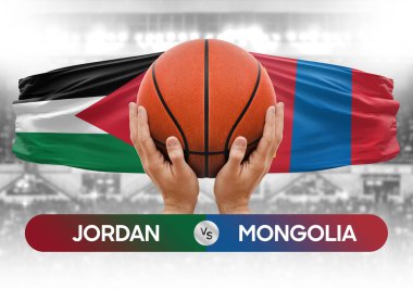 Jordan Moğolistan milli basketbol takımlarına karşı basketbol topu yarışma kupası konsepti