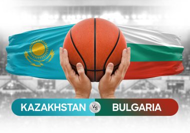 Kazakistan Bulgaristan milli basketbol takımlarına karşı basketbol topu yarışma kupası konsepti imajı