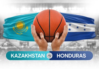 Kazakistan Honduras milli basketbol takımlarına karşı basketbol topu yarışma kupası konsepti