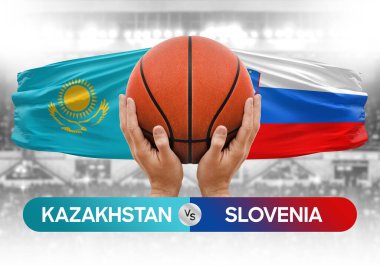 Kazakistan Slovenya milli basketbol takımlarına karşı basketbol topu yarışma kupası konsepti imajı