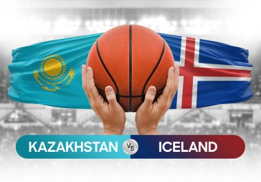 Kazakistan İzlanda milli basketbol takımlarına karşı basketbol topu yarışma kupası konsepti