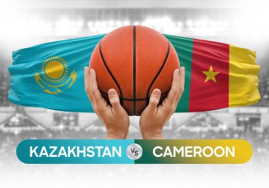 Kazakistan Kamerun 'a karşı milli basketbol takımları basket topu yarışma kupası konsepti imajı