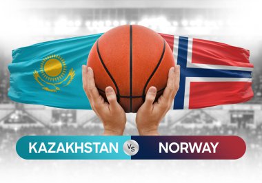 Kazakistan Norveç milli basketbol takımlarına karşı basketbol topu yarışma kupası konsepti