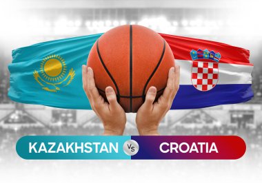 Kazakistan Hırvatistan milli basketbol takımlarına karşı basketbol topu yarışma kupası konsepti imajı