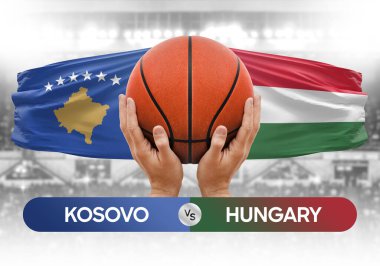 Kosova, Macaristan milli basketbol takımlarına karşı basketbol topu yarışma kupası konsepti imajı